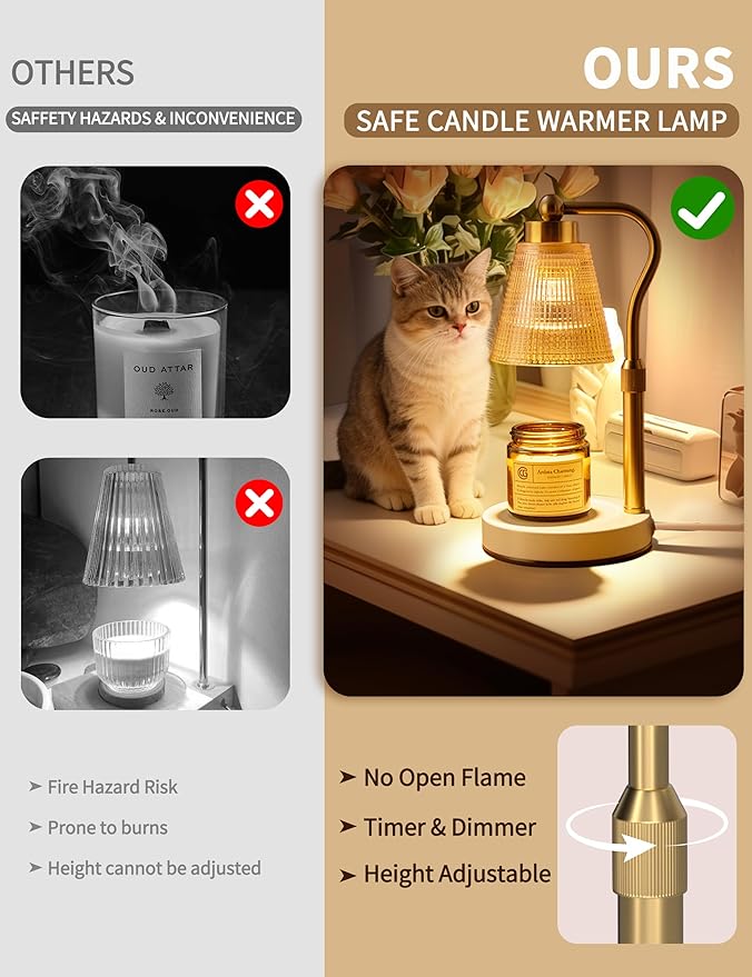 Candle Warmer Lamp for Jar Candles, Height Adjustable & Dimmable with 2/4/8H Timer, 2*50W Halogen Wax Melter Warmer for Home Office Décor, Flameless & Smokeless, Gift for Women Mom,Gold- Amber/1 Pack