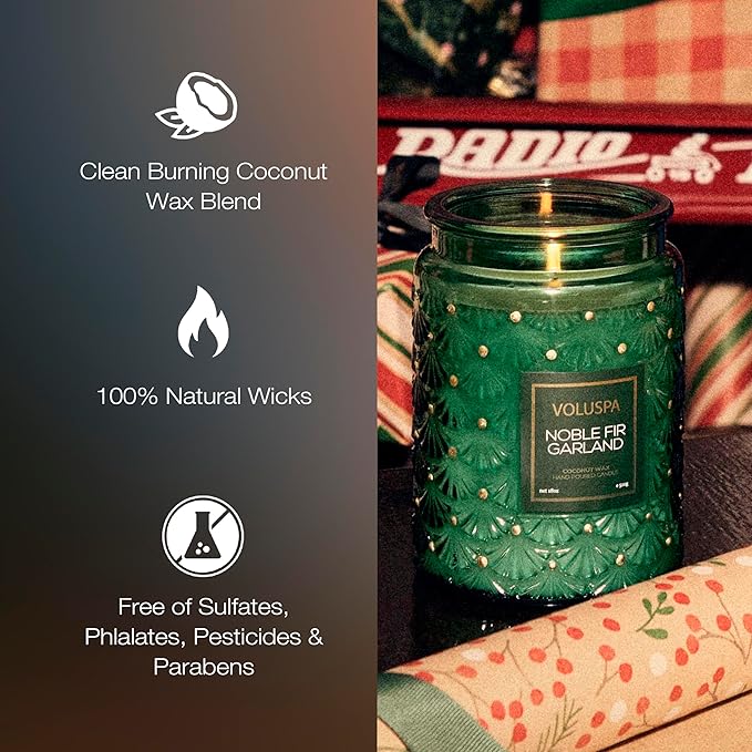 Voluspa Noble Fir Garland, Large Candle Jar, 18oz, Coconut Wax Blend, Scented Candles for Home, 100 Hour Burn Time, Poured in The USA