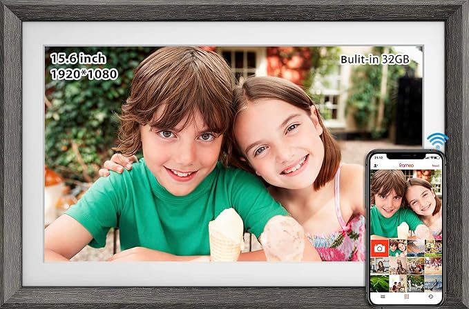 FRAMEO 15.6 Inch 32GB WiFi Large Digital Photo Frame 1920 * 1080 IPS FHD Touch Screen Smart Digital Picture Frame, Wall Mountable, Auto-Rotate,Share Moments Instantly via Frameo App from Anywhere