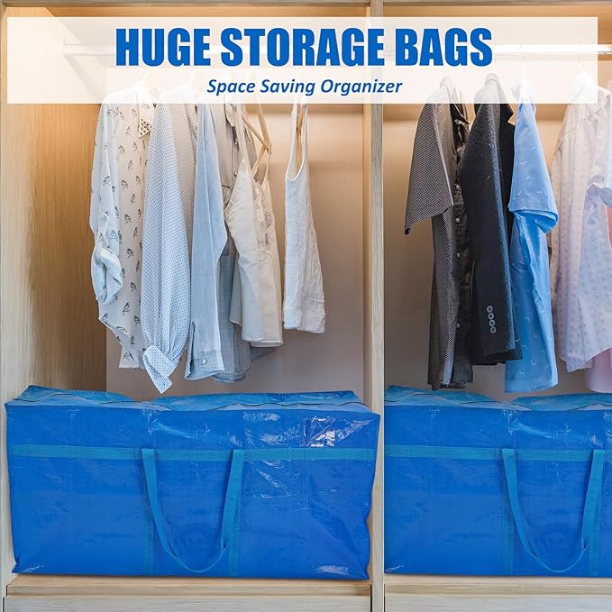 Windyun 4 Pack 69 Gallon Extra Large Moving Bags XXL Heavy Duty Storage Bag with Strong Zipper Handle Jumbo Big Tote Box Foldable for College Dorm Travel Clothes Duffle Blanket Pillow(Blue)