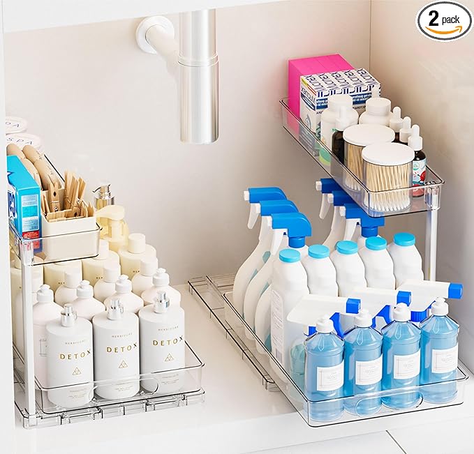 Yieach 2 Pack Under Sink Organizer,14.5″ Deep Sliding Inder Sink Organizer for Kitchen and Bathroom Under the Sink Organizer,2 Tier Undersink Organizers for Vanity,Under Counter Storage Organization