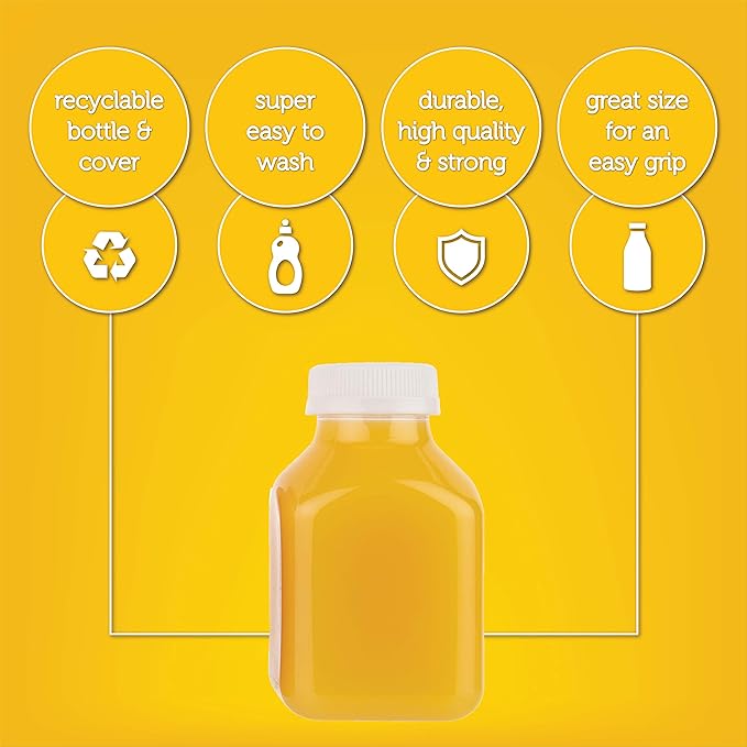 Disposable Plastic Juice Bottles 8 Oz with Lids | 48 Pack | for Water, Orange Apple Lemon Juicing, Smoothies, Milk, Reusable, BPA Free, Tamper-Proof Caps, Catering, Takeout