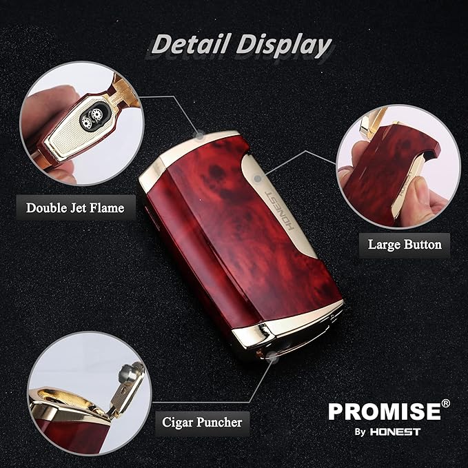 PROMISE Metral Lighter Double Jet Flame Cigar Lighter Shipped Without Gas (Brown Grain)