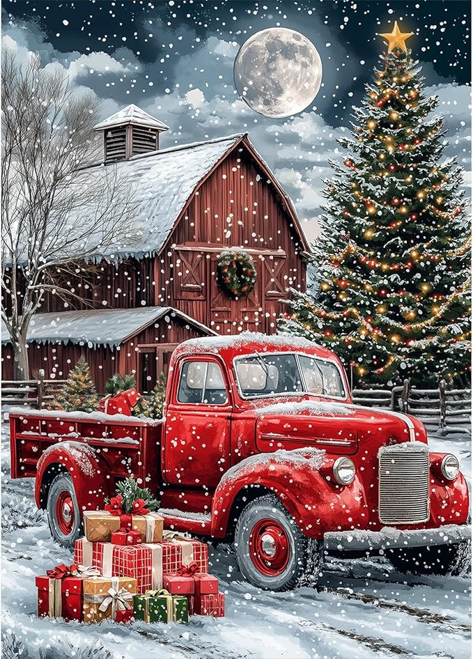 MEIYUDA Christmas Diamond Painting Kits for Adults, 5D Winter Farm Truck Diamond Art Kits for Beginners, DIY Gem Art Crystal Painting for Home Wall Decor and Present 12x16inch