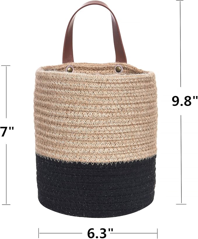 Wall Hanging Storage Baskets - Small Cotton Rope Woven Closet Storage Bins-Shelf Basket Organizer for Plants, Towels,Toys - 6.3" x 7" (Jute & Black)