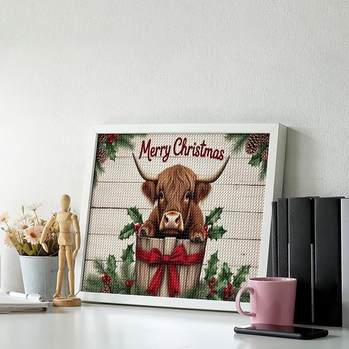 AIVKIEJK Diamond Painting Kits for Adults - Highland Cow Merry Christmas Painting DIY 5D Full Drill Diamond Dots Paintings with Diamonds Gem Art and Crafts Home Decor 16"x20"