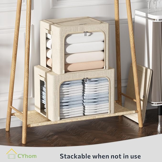 CYhom 4 Pack Clothes Storage Bins with Metal Frame - Linen Fabric Foldable Stackable Container Organizer Set with Clear Window & Carry Handles & Zippers (Beige, 15.7"x11.8"x7.8")