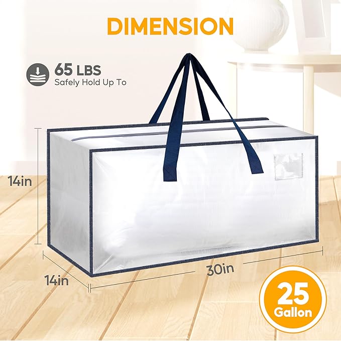HealSmart 10 Pack Extra Large Moving Bags with Zippers & Carrying Handles, Heavy-Duty Storage Tote Moving Boxes for Dorm Room Essentials Storage Bags, Clear