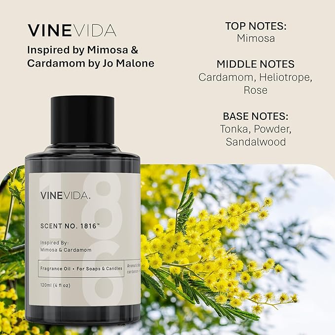 VINEVIDA [120mL] Mimosa & Cardamom Fragrance Oil for Candle Making - Natural Candle Oil Scents - Soap Making Essential Oil - Made in USA