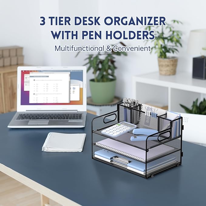 SUPEASY 3 Tier Desk Organizer with Handle & 3 Pen Holders, Mesh Paper/File Organizer for Desk, Paper Letter Tray Organizer for Office Supplies (Black) (Pack of 2)