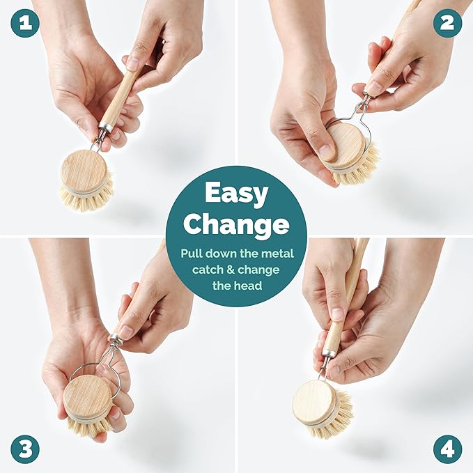 Jungle Culture Replacement Brush Heads for Eco Dish Brush • Wooden Washing Up Brush Heads Pack of 4 • Interchangeable Soft Bristle Refills • Natural Dish Scrubbers • Zero Waste Cleaning Products