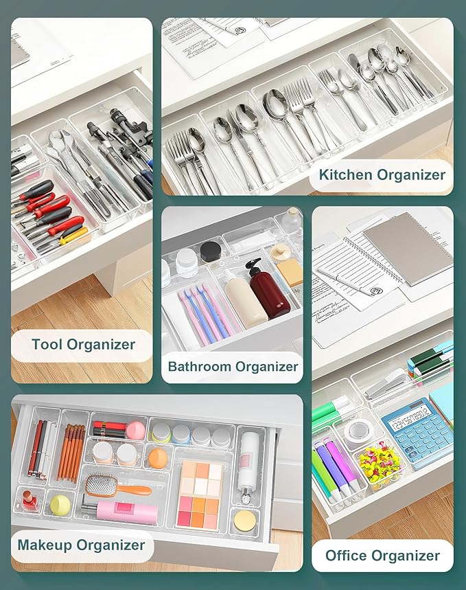 30Pcs Clear Plastic Drawer Organizers Set, 4size makeup drawer organizer trays for vanity,desk,bathroom,office,nightstand,gadgets for kitchen drawer, Versatile drawer divider storage bins