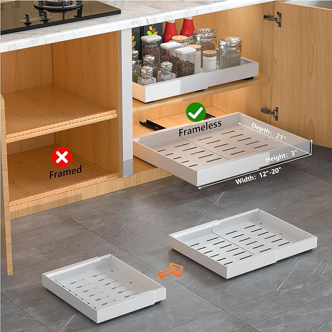 DEKAVA 2 Pack Pull Out Cabinet Organizer Expandable, Adhesive with Nano Film, Pull Out Drawers for Cabinets in Kitchen, Pantry or Bathroom (White, 21"DEEPX[12"-20'']Width-2PACK)