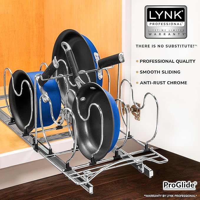 LYNK PROFESSIONAL® Pot and Pan Organizer for Cabinet - Pull Out Pan Organizer Rack - Slide Out Pans and Pots Lid Drawer - Under Cabinet Kitchen Organization and Sliding Storage - 11" W x 21" D, Chrome