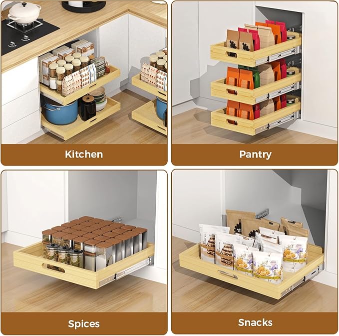 Pull Out Cabinet Organizer, Soft Close Wooden Drawer Storage Shelves for Kitchen, Durable Base Cabinet Solution for Pantry (18”W*21”D)