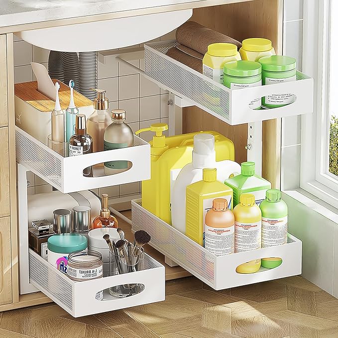 2 Pack Under Sink Organizer and Storage, 2 Tier Pull Out Sliding Cabinet Shelf, 5-Level Height Adjustable Thickened Carbon Steel Storage Rack for Kitchen Bathroom Cabinet,White