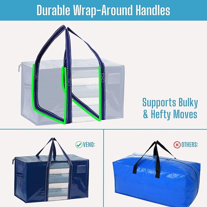 VENO 4 Pack Moving Bags with Clear Window, Heavy Duty Storage Bins with Lid, Around Handles, Tag, Zippers, Extra Large Totes Packing Moving Boxes Supplies for College Dorm Clothes, (Blue, 4 Packs)