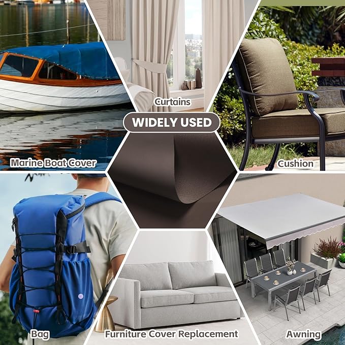 Waterproof Marine Canvas Fabric by The Yard 58" W 600D PVC Backing Water-Resistant Polyester Fabric Upholstery Material for Outdoor Indoor Marine Awning Tent Boat Furniture Cover, 5 Yards Dark Brown