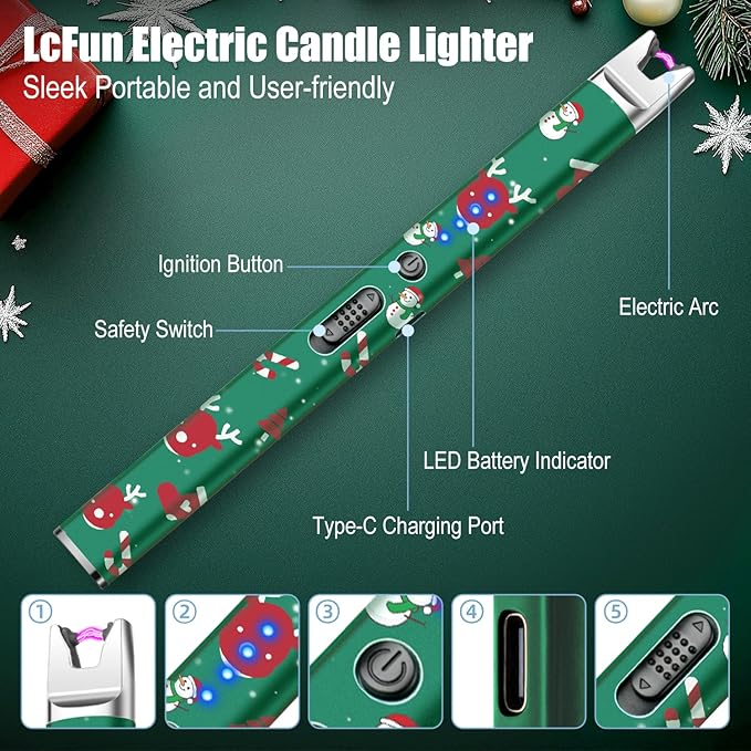 LcFun 2 Pack Candle Lighter, Christmas Stocking Stuffers Gifts for Women Mom Men, Electric USB Rechargeable Plasma Arc Lighter with Safety Lock, Windproof Flameless Long Lighters for Candle, Grill