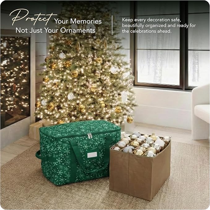 Covermates Keepsakes Adjustable Ornament Storage Bag – Heavy-Duty Polyester, Padded Dividers & FlexGrid Trays – Protective Holiday Ornament Organizer with Handles & Label Window, Green Snowflake