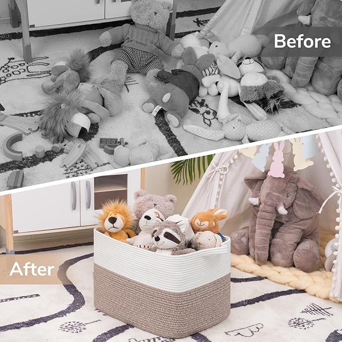Goodpick Woven Baskets for Organizing, 18" x 14" x 12" Blanket Storage for Living Room Home Decor, Rectangle Toy Storage Basket for Kids, Large Gift Baskets Empty, White & Brown