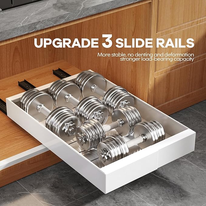 4 Pack Expandable (9"-14") Pull Out Cabinet Organizer 21" Deep With Raising Pad for Framed Cabinets,Upgrade 3 Slide Rails Slide Out Drawers,No Drill Roll Out Shelves Adhesive,White