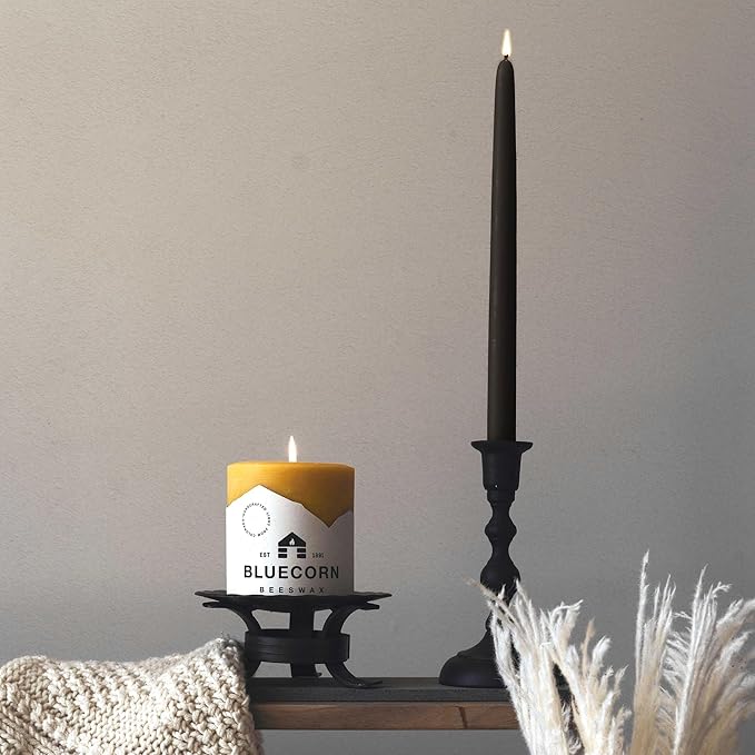 Bluecorn Beeswax Taper Candles, 100% Pure Natural Bees Wax, Pair of 12 Inch Black Tapered Candlesticks, Clean Burning & Dripless, Fragrance Free, Long Lasting, Home Decor, American Made, 1 Count
