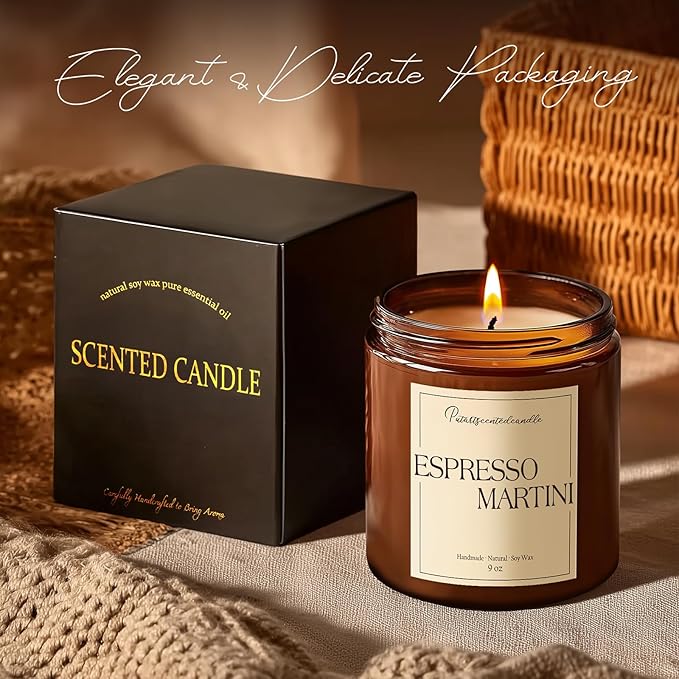 Espresso Martini Highly Scented Candles for Home, 9oz Natural Soy Aromatherapy Coffee Candle with Essential Oil, Home Fragrance Stress Relief & Meditation Jar Candles Gifts for Men Women