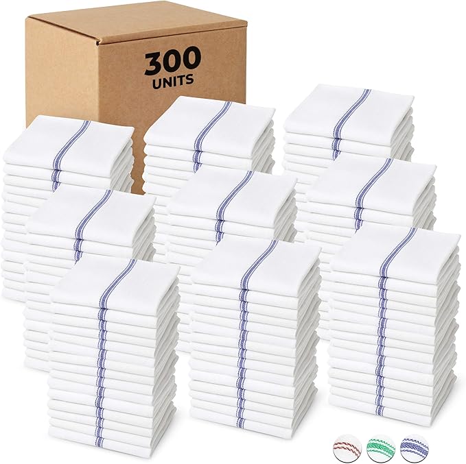 Bulk Economy Wholesale Kitchen Dish Towels (300 Towels) - 100% Cotton Herringbone - Commercial Grade - Bleach Resistant - Restaurant Bar Mops - 24 oz/dz - White with Blue Stripes