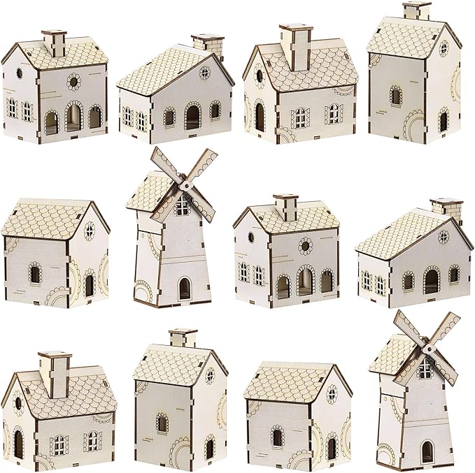 Hiboom 12 Pcs DIY Christmas Village Sets Wood Gingerbread Houses Christmas Mini Wooden House Gift for Winter Xmas Party Crafts Decorations