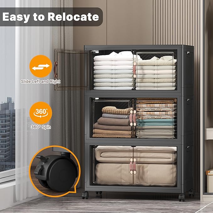 Stackable Storage Bins with Lids & Wheels & Door, Foldable Collapsible Closet Organizers, Extra Large Plastic Storage Drawers for Bedroom Dorm Office Garage (Dark-112QT, 3Pack with 1 top lid)