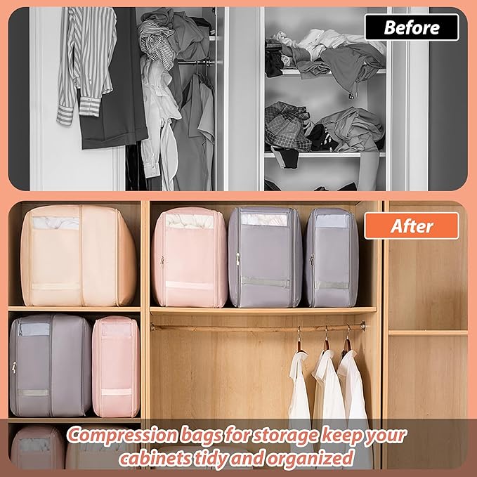 Veki Comforter Storage Bag, Space Saving Self Compression Foldable Blanket Storage Bags, Closet Organizer With Handle and VisualiZation Window, Large capacity 130L for Bedding, Clothes (Apricot L)