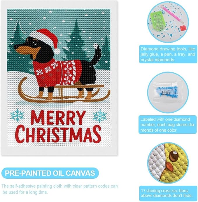 AIVKIEJK Diamond Painting Kits for Adults - Merry Christmas Dachshund Painting DIY 5D Full Drill Diamond Dots Paintings with Diamonds Gem Art and Crafts Home Decor 12"x16"