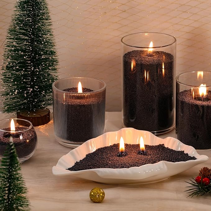LAMORGIFT 2LB Black Candle Sand- Pearled Candles with Wicks (10 Pcs) & Wooden Spoons, Candle Beads, Sand Wax, Candles Unscented for Powder Candle Making, Refill Kit