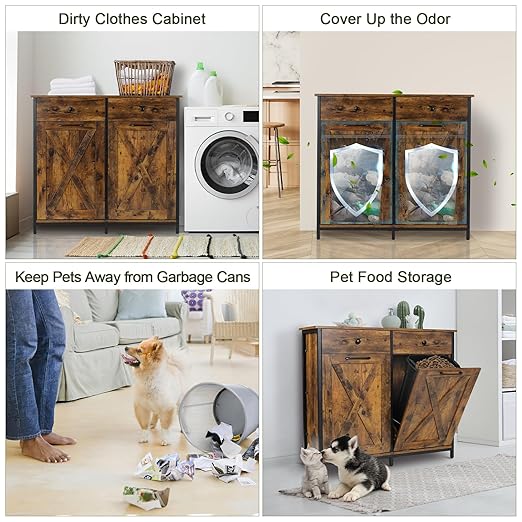 Clevich Double Tilt Out Trash Cabinet 20 Gal, Kitchen Wooden Recycling Cabinet, Hidden Garbage Can Holder w/Drawers & Tabletop, Dog-Proof Trash Bin Cupboard, Rubbish Bins NOT Included (Retro Brown)