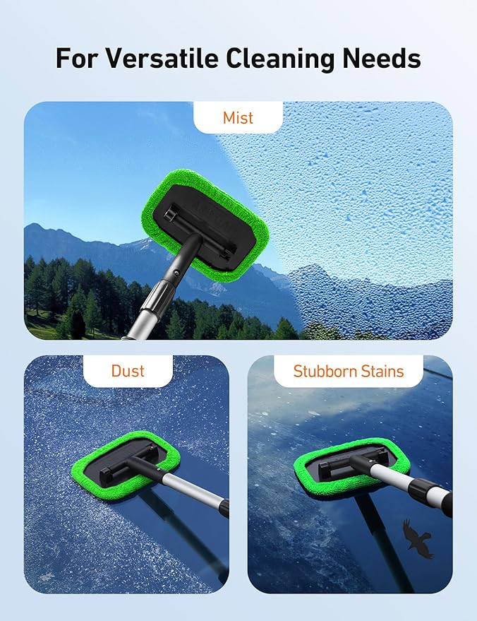 AstroAI Windshield Cleaner Tool, Microfiber Car Window Cleaner with 4 Reusable and Washable Microfiber Pads and Extendable Handle Auto Inside Glass Wiper Kit, Green