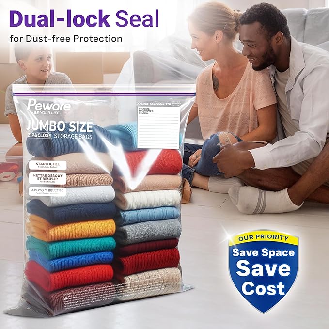 Large Storage Bags, 24"x32" Jumbo Plastic Bag, BPA Free, 20 Gallon 3XL Zipper Lock Baggies for Clothes Pillow Travel Moving - 15 Mega Bags