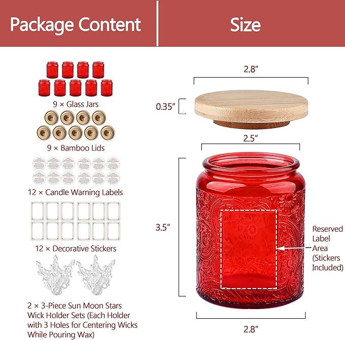 9-Pack 8oz Embossed Glass Candle Container with Bamboo Lids and Labels, Red Candle Jars for Making Candles, Sun Moon Star Design