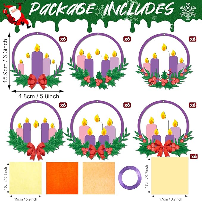 Qyeahkj 36 Set Christmas Advent Wreath Suncatchers Crafts for DIY Advent Candle Tissue Paper Craft Kit Hanging Decor for Xmas Holiday Home Activity Art Project Birthday Party Favor Gift