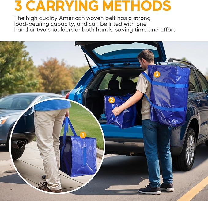 HealSmart 8 Pack Large Moving Bags with Zippers & Handles, Moving Supplies with lids, Heavy Duty Totes for Space Saving, Fold Flat, Moving and Storing, Blue