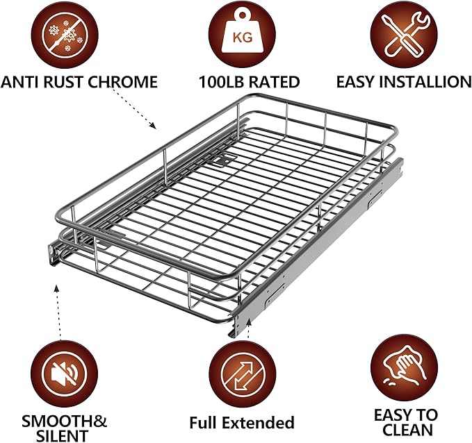 JOWBOOW Cabinet Pull Out Shelves (17" W x 21" D), Heavy-Duty Premium Collection Slide Out Shelves, Metal Roll Out Shelves for Kitchen Cabinets, Anti-Rust Chrome Finish