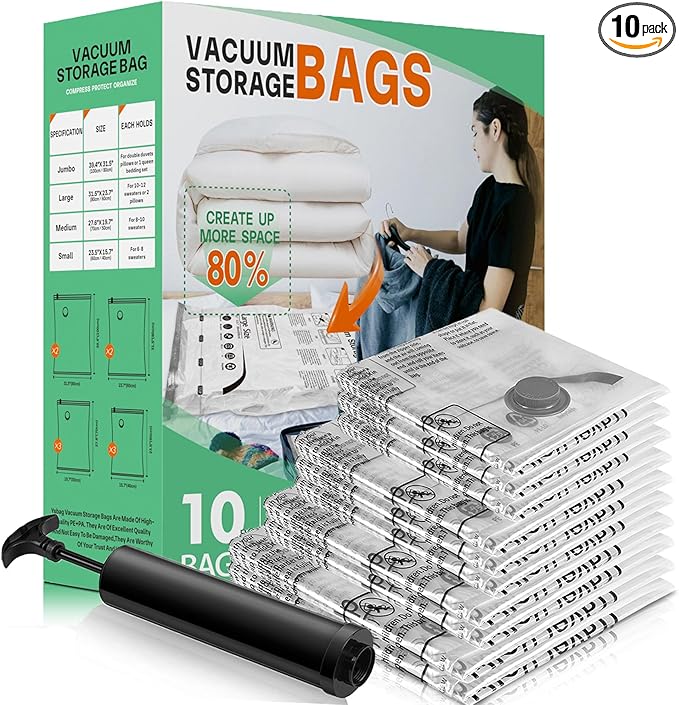 10 Pack Vacuum Storage Bags, Space Saver Bags, Compression for Comforters and Blankets, Sealer Clothes Storage with Hand Pump. (2J/2L/3M/3S)