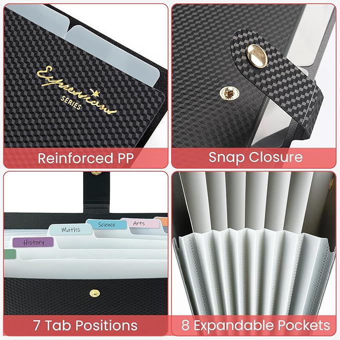Sooez Accordion File Organizer, Letter Size Expanding File Folder with Labels, 8 Pocket Folders for Document, Portable Paper Bill Receipt Organizer for Home School Office Supplies, A4 Size, Dark Green