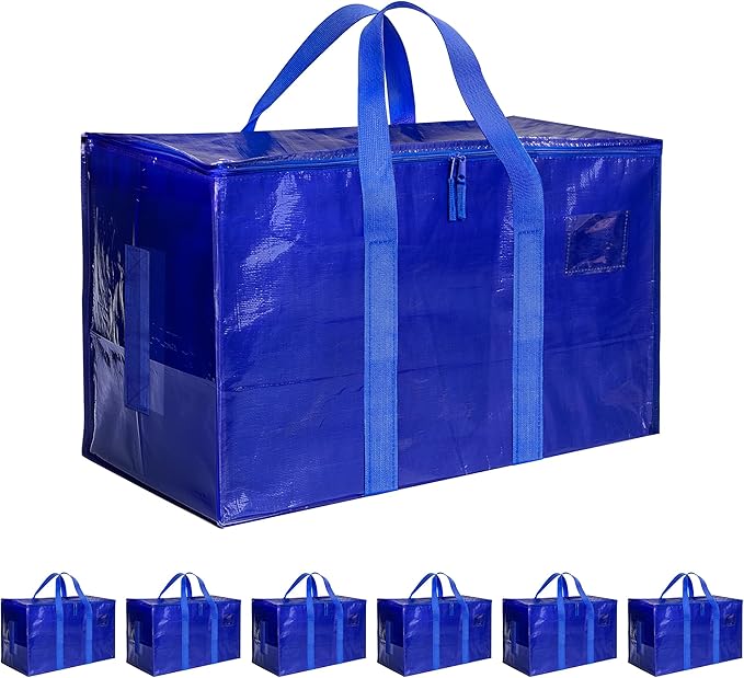Simple Deluxe 6 Pack Extra Large Moving Bags with Lids, Reinforced Handles and Zippers, Heavy Duty Storage Tote for Moving Travel Camping Space Saving, Blue