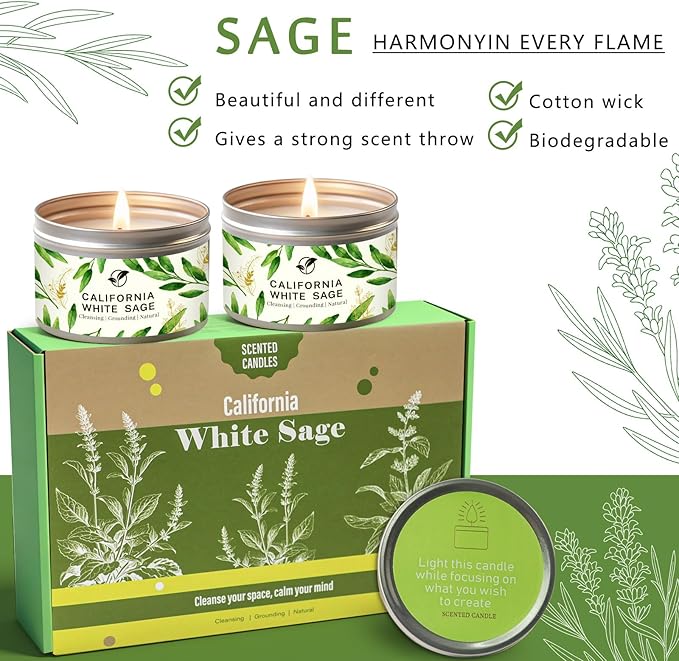 Sage Candle Gift Set, 6-Pack 6oz Natural Soy Wax Candles - Smokeless Clean Burn, Lead-Free Cotton Wicks, Calming Aromatherapy for Housewarming Spring Gifts for Women