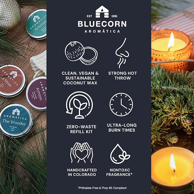 Bluecorn Aromática The Woodsy Scented Candle Refill Kit – Pine, Blue Spruce, Musk & Tonka | Clean-Burning Coconut Wax | Non-Toxic Fragrance | 100% Compostable Pouch | DIY Candle Refill | Made in USA