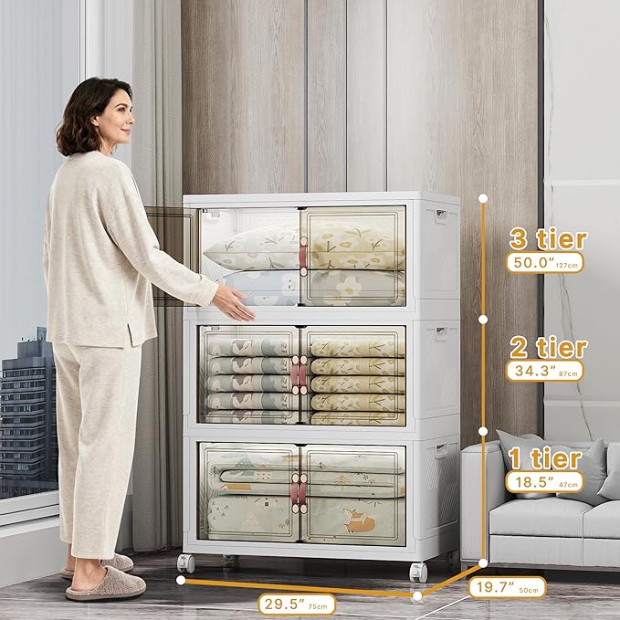 Stackable Storage Bins with Lids, 480QT Closet Organizers and Storage with Doors and Wheels, Extra Large Storage Cabinet, Collapsible Plastic Drawers for Bedroom Dorm Office Garage