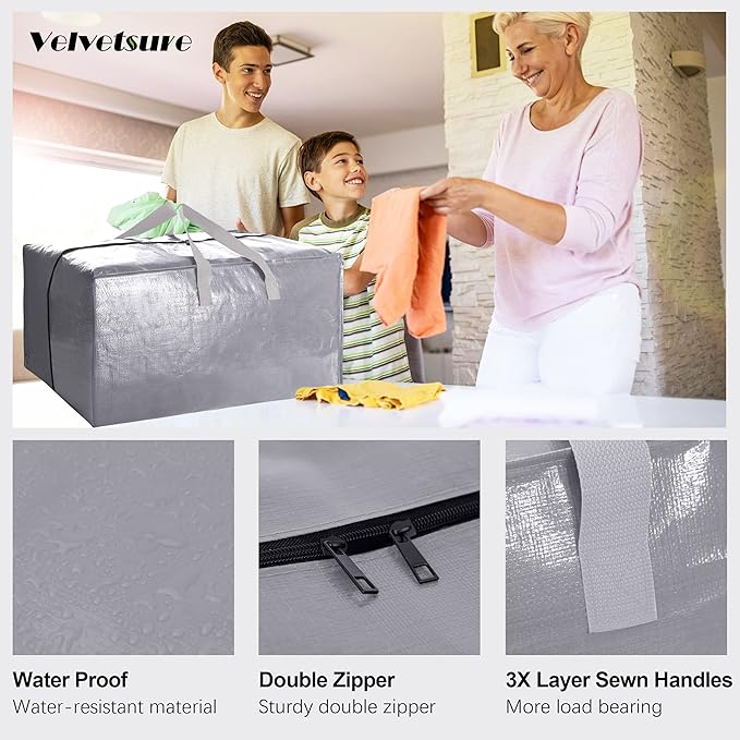 VELVETSURE 12 Pack Heavy Duty Extra Large Moving Bags W/Backpack Straps - Strong Handles & Zippers, Storage Totes For Space Saving, Fold Flat, Alternative to Moving Box and Storage Bin, Silver