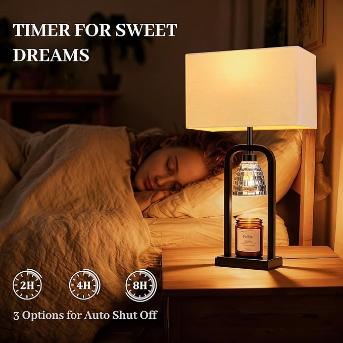 PoKat Lamp Candle Warmer Black, Farmhouse Candle Warmer Lamp with Timer Dimmer, Wax Light Warming Table Lamp for Jar Candles, Bedside Lamp for House Warming Home Decor Living Room, Bulb Included
