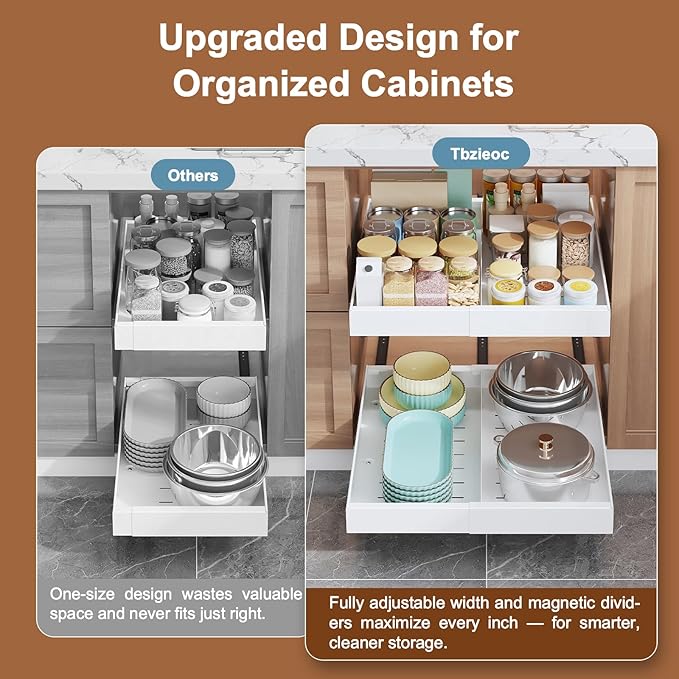 2-Pack Expandable Pull Out Drawers for Cabinets, 21" Deep Each, Adjustable 12–20" Width – Magnetic Dividers, Optional Riser, Heavy-Duty 3-Rail Glide, No-Drill Roll-Out Shelf Organizers, White